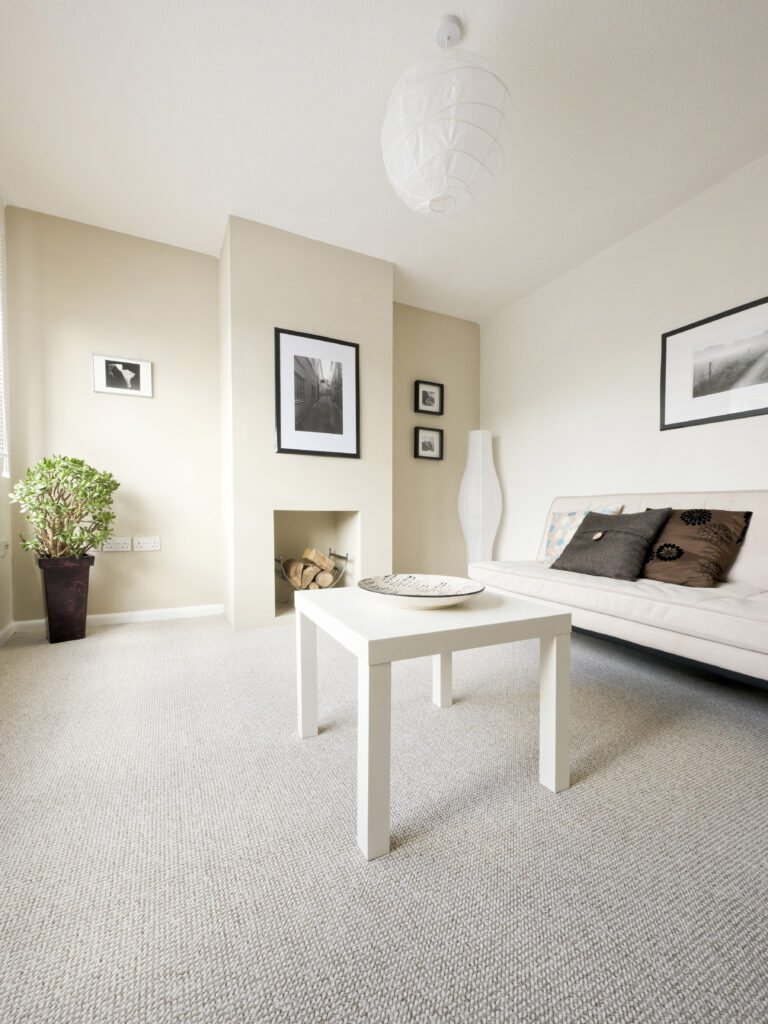 A cozy living room adorned with beautiful carpet flooring, showcasing comfort and style.